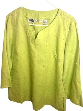 Richard Malcolm 100% Linen Top Lime Green Embellished 3/4 Sleeve Resort Size Lg